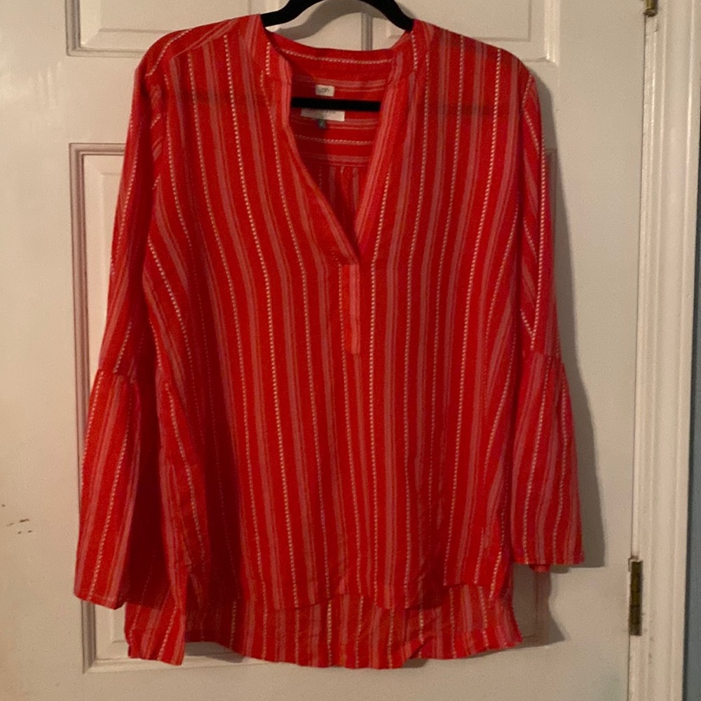 Pink and white Loft blouse with flare sleeves